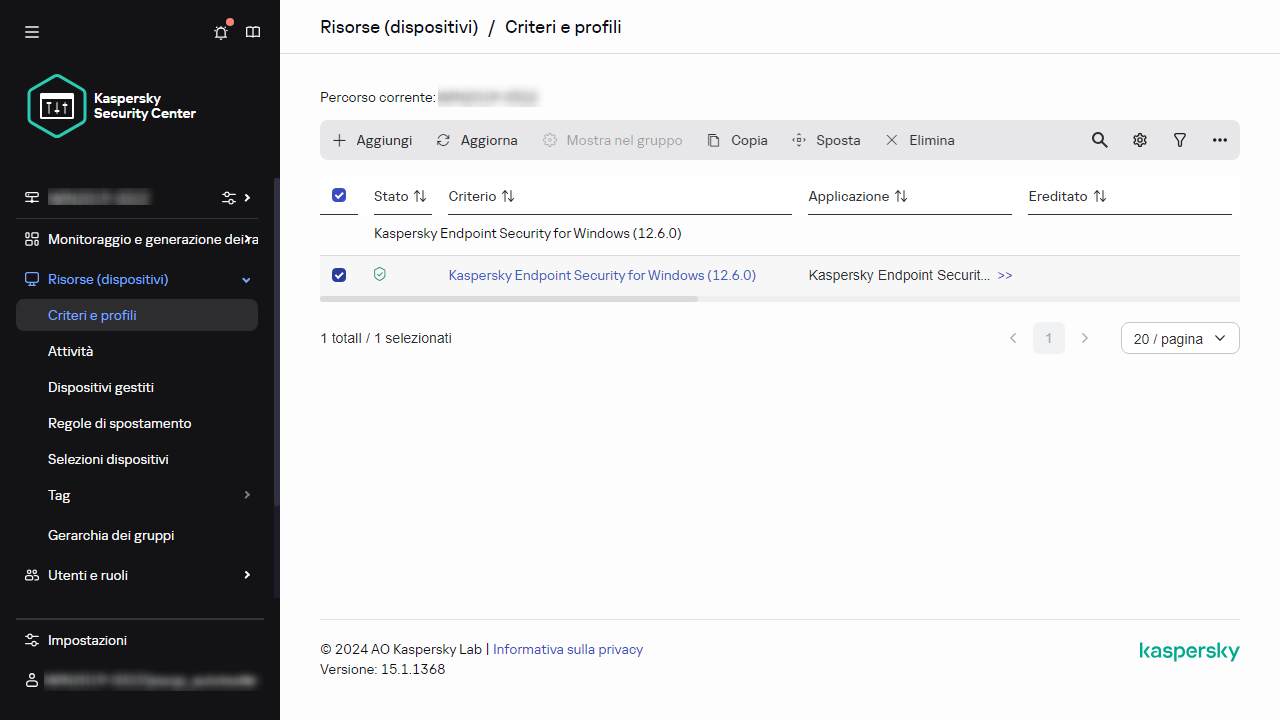 Un criterio viene selezionato in Criteri e profili.