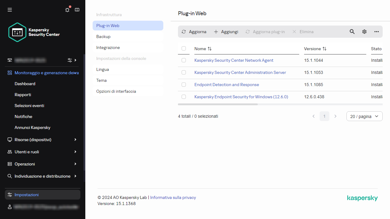 Elenco dei plug-in Web nel menu principale.