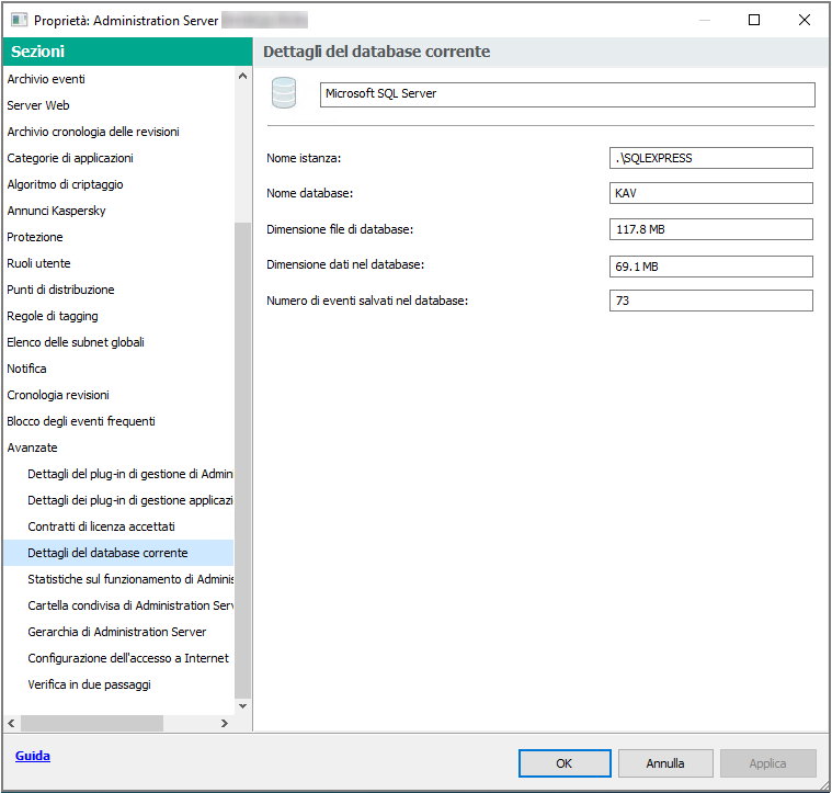 La sezione contiene il nome dell'istanza, il nome del database e la dimensione del file, la dimensione dei dati e il numero di eventi nel database.