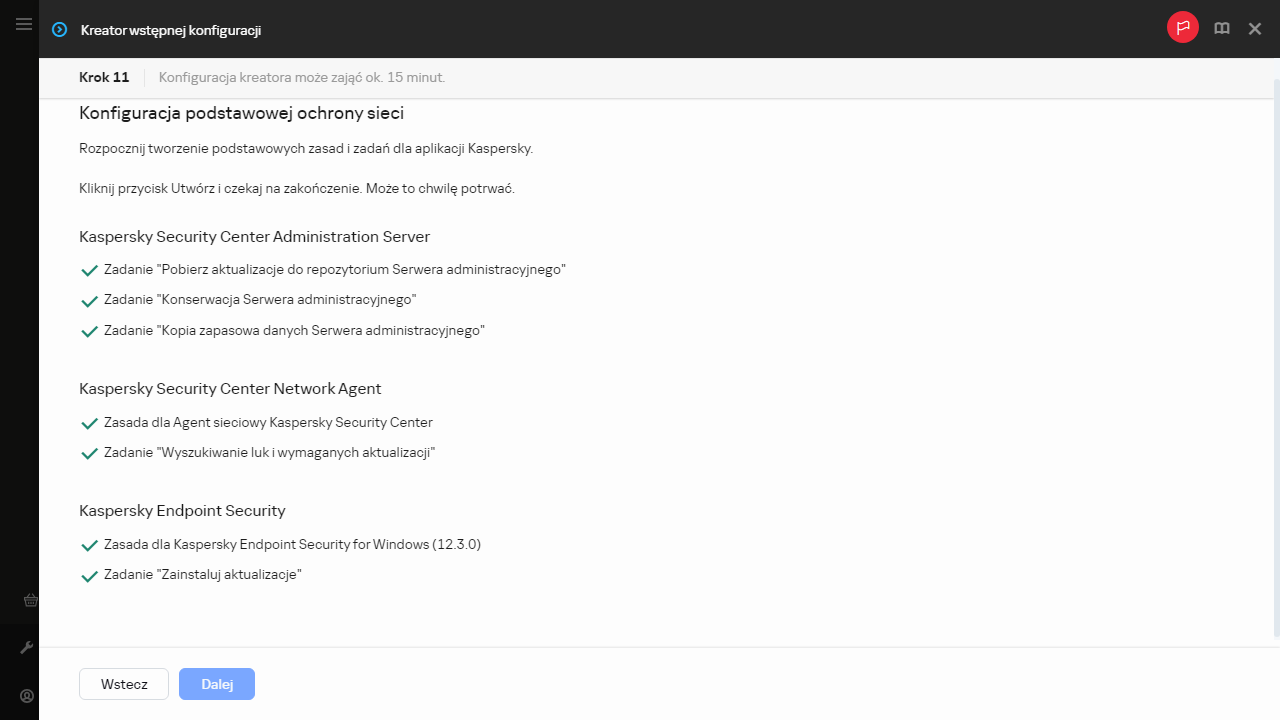 Krok Tworzenie zadań i zasad w Kreatorze wstępnej konfiguracji.