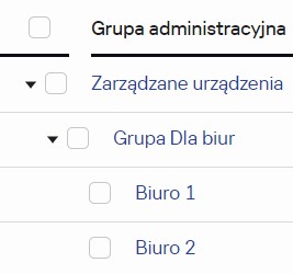 Węzeł urządzenia zarządzanego zawiera folder Głównej grupy dla biur zawierający Serwery administracyjne oraz grupy Office 1 i Office 2.