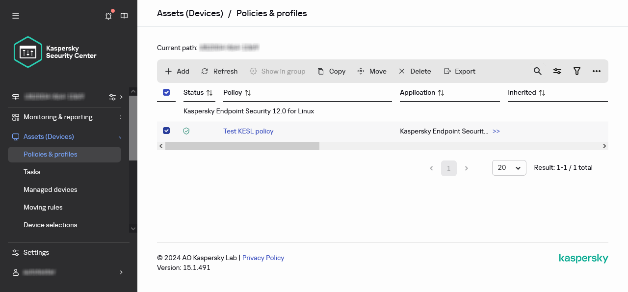 Policies and profiles window with the selected policy.