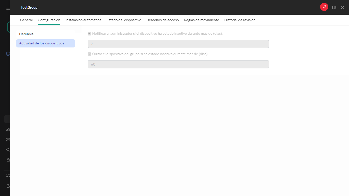Actividad de los dispositivos en la pestaña Configuración.