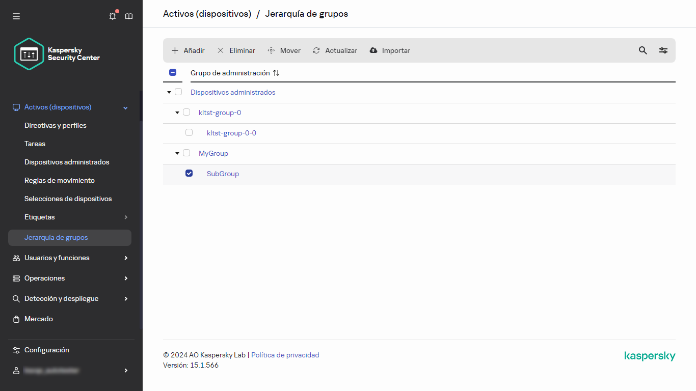 Jerarquía de grupos con subgrupo seleccionado.