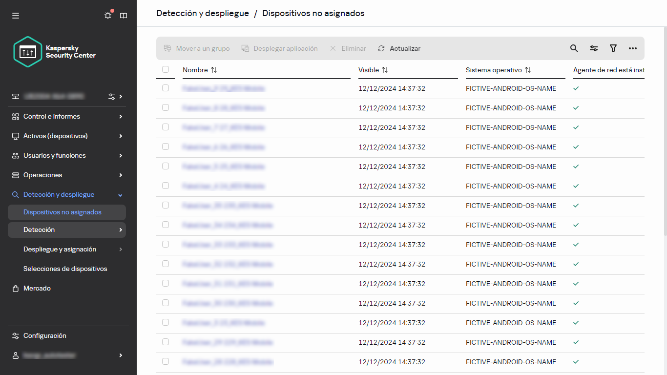 La sección Dispositivos no asignados en Detección y despliegue.