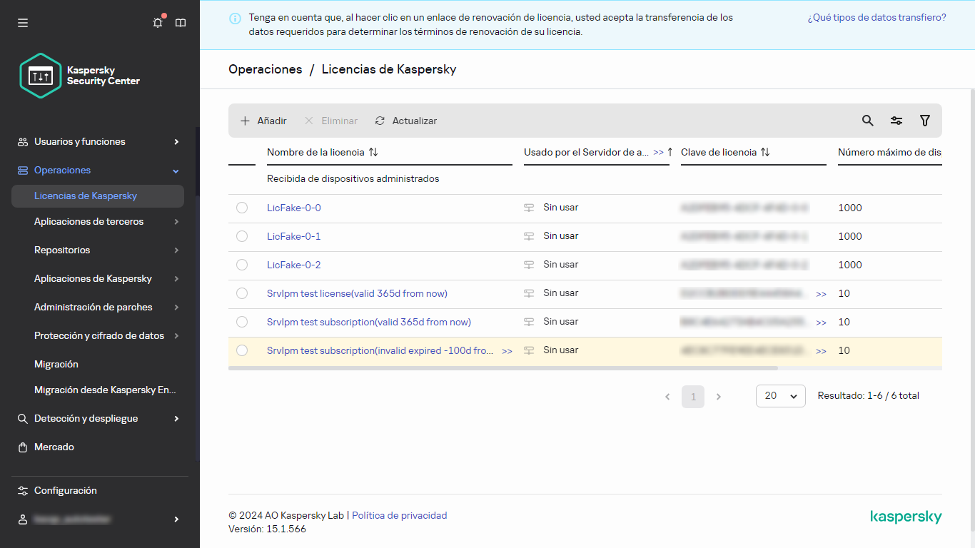 Lista de licencias de Kaspersky.
