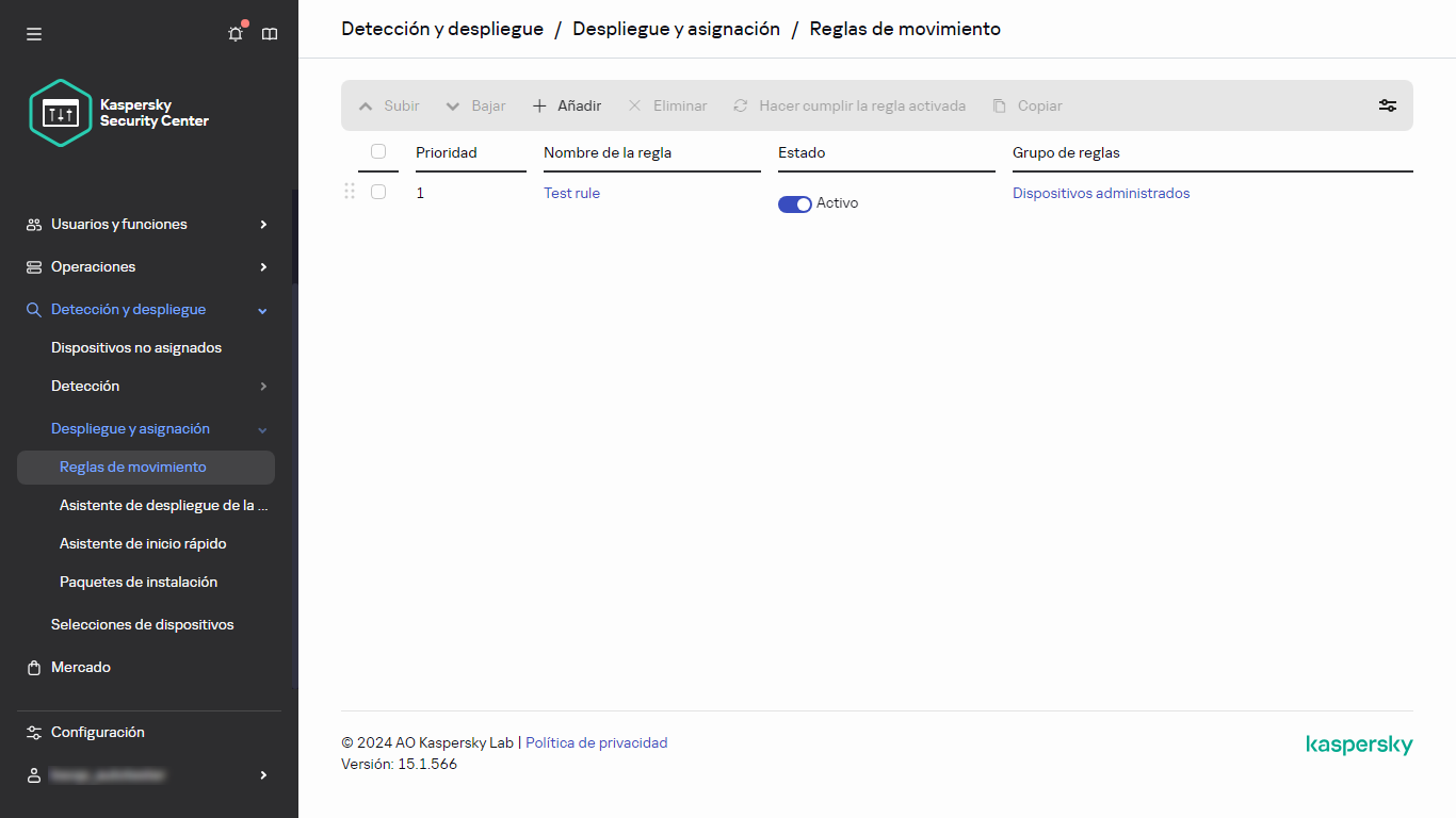 Sección de reglas de movimiento de Kaspersky Security Center.