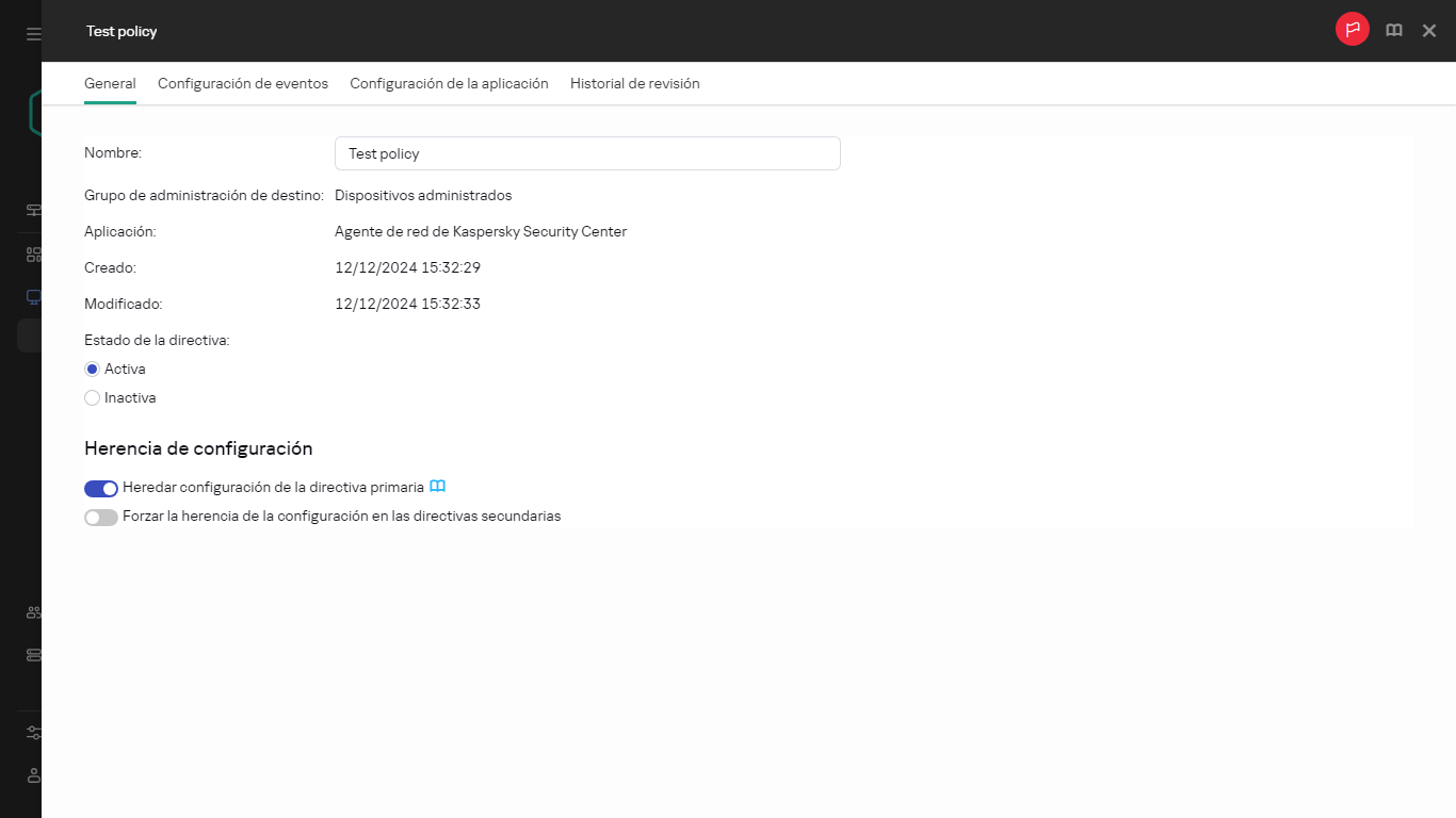 La pestaña General en Directiva de pruebas.