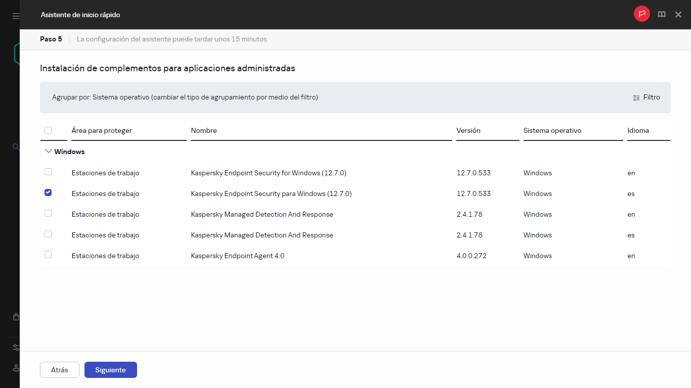 El paso de instalación de complementos del Asistente de inicio rápido.