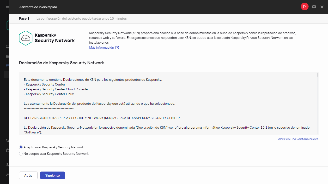 El paso de Kaspersky Security Network del Asistente de inicio rápido.