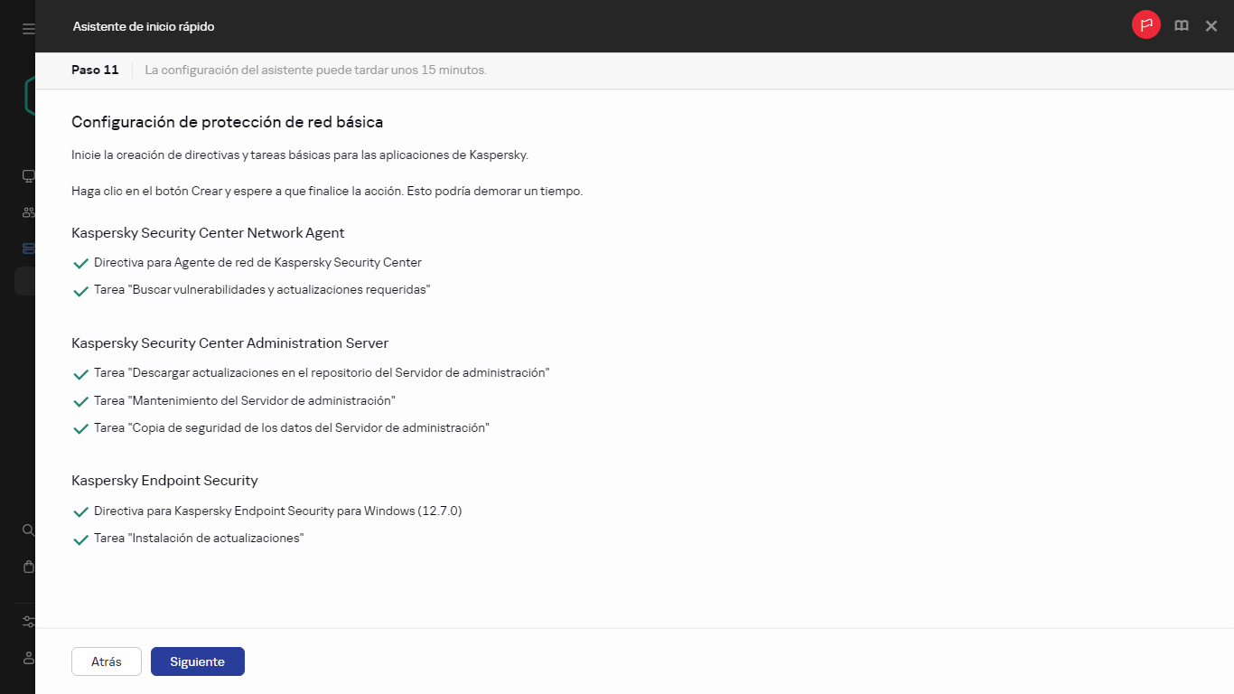 El paso de creación de tareas y directivas del Asistente de inicio rápido.
