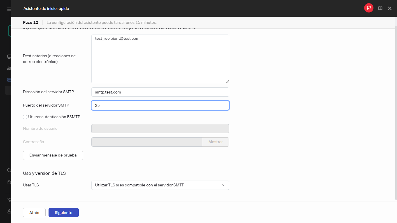 El paso de notificaciones por correo electrónico del Asistente de inicio rápido.
