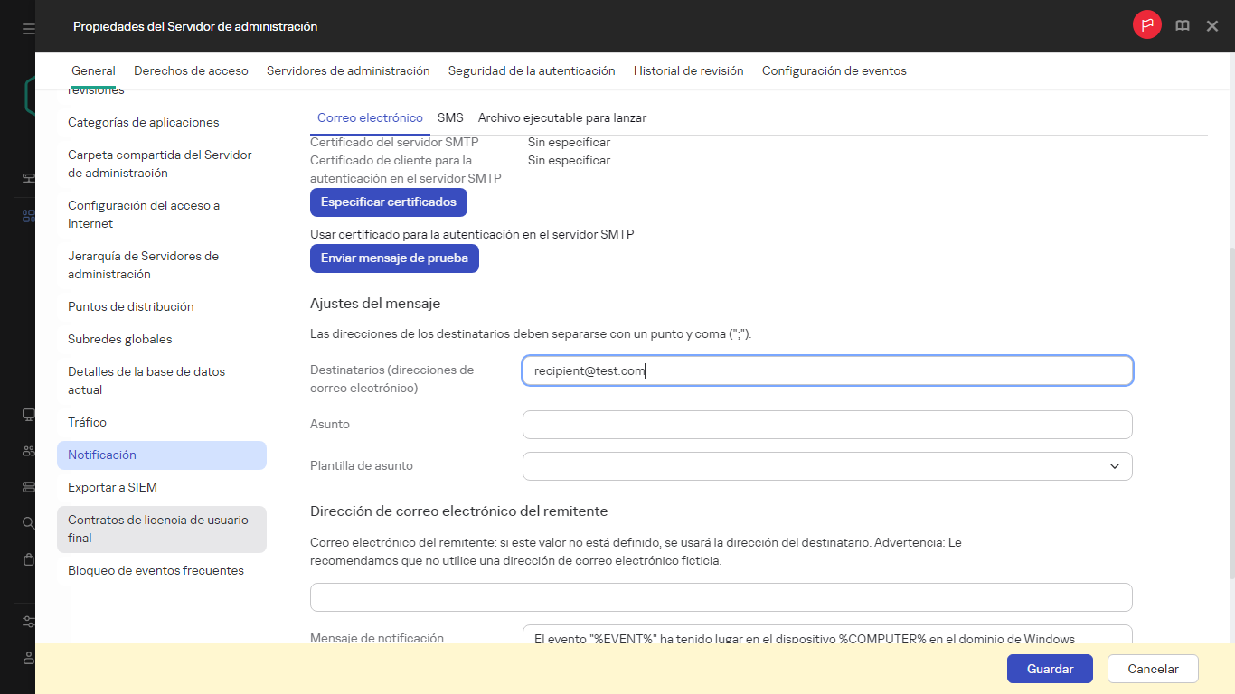 Notificación en la pestaña General de las propiedades del Servidor de administración.