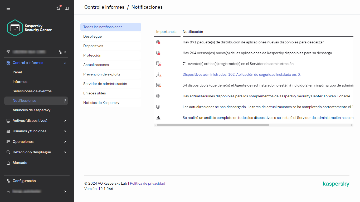 La sección Notificaciones en Control e informes.