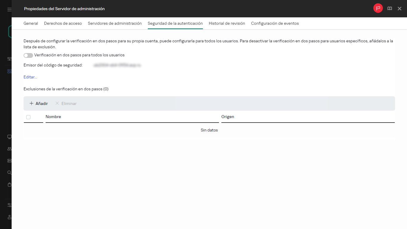 La pestaña Seguridad de la autenticación en las propiedades del Servidor de administración.