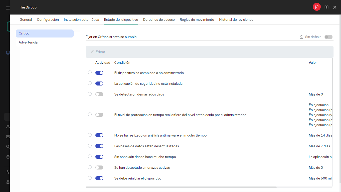 Establecer el estado Crítico en el grupo Estado del dispositivo.