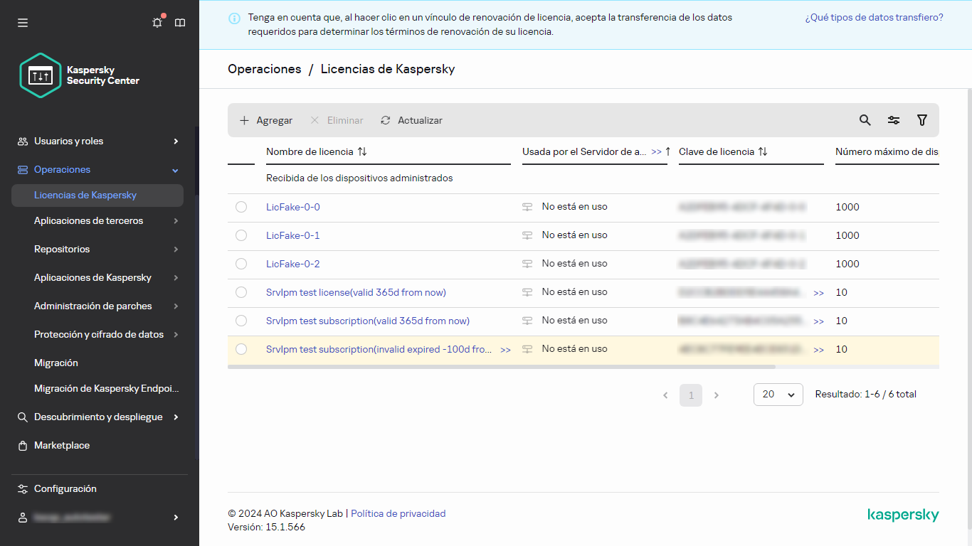 Lista de licencias de Kaspersky.