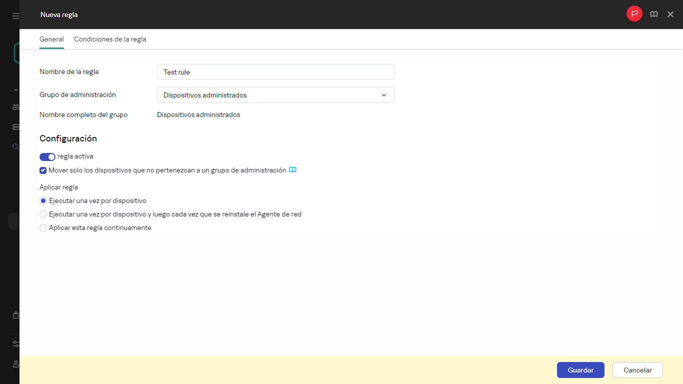 Nueva ventana de creación de reglas.
