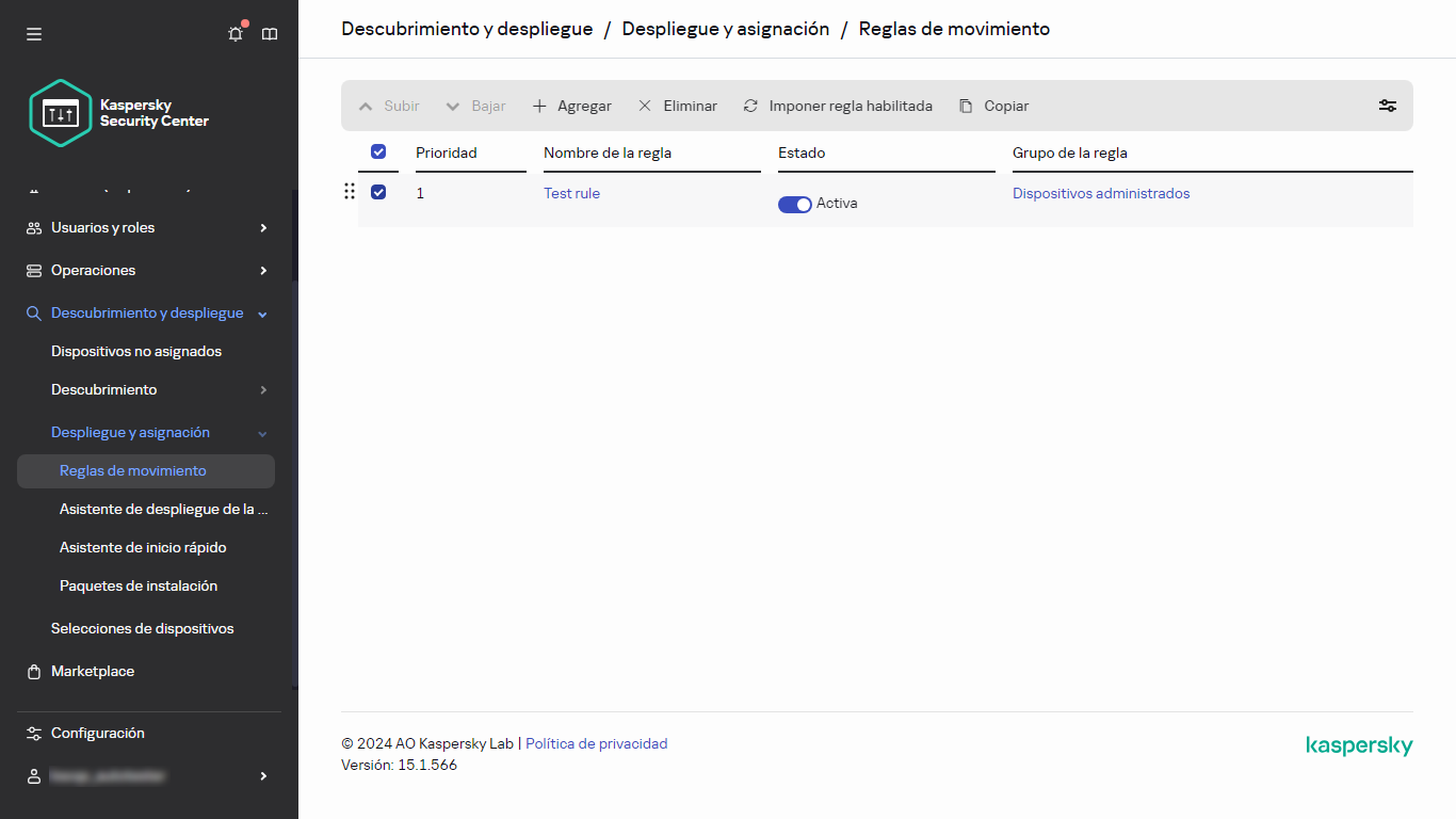 Fila seleccionada en la sección Reglas de movimiento.