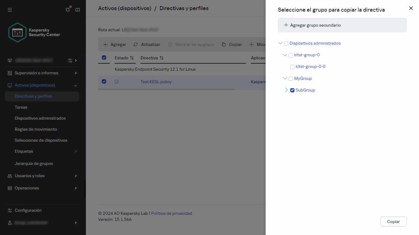 Seleccione el grupo al que desea copiar el panel de directivas