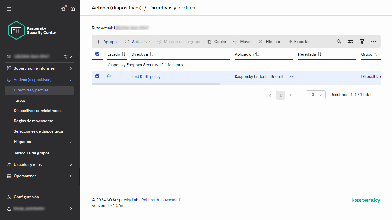 Directivas y perfiles: una directiva con una casilla seleccionada.