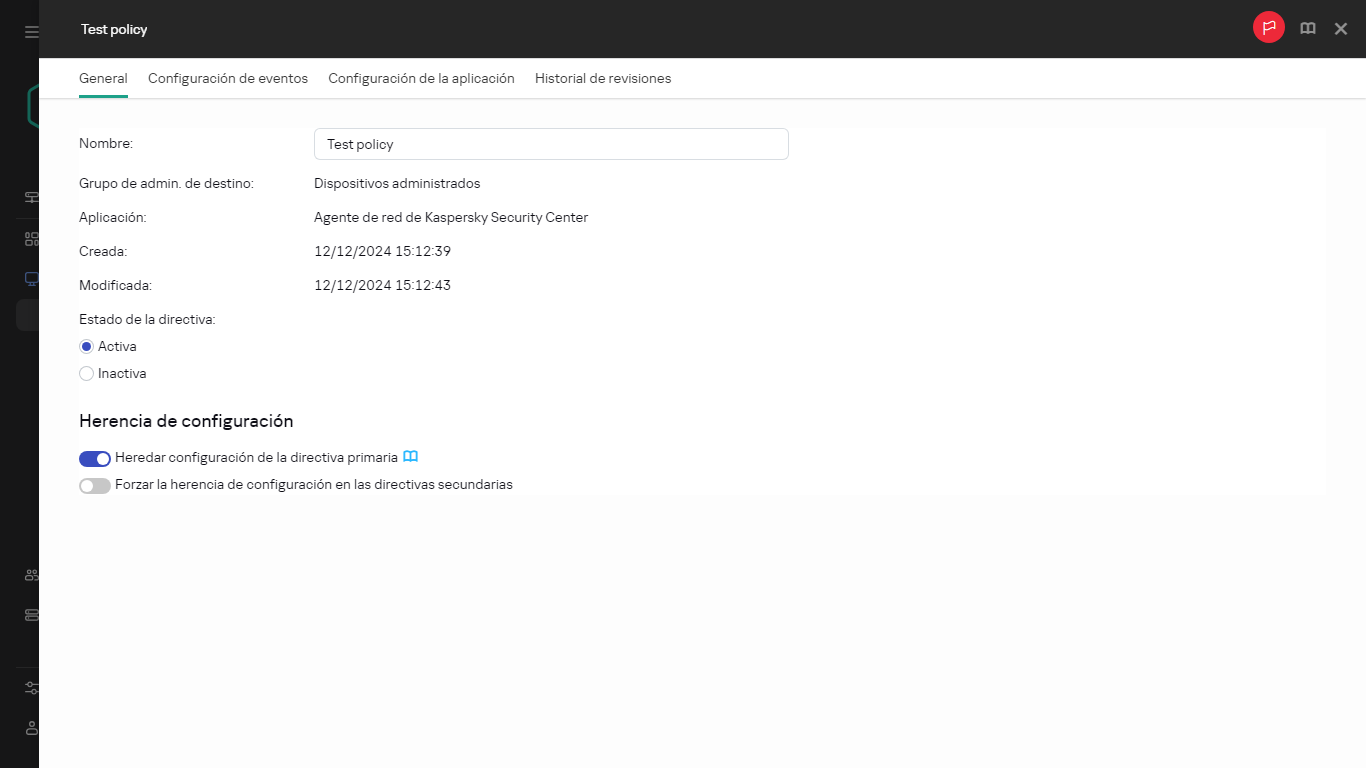 La pestaña General en Directiva de pruebas.