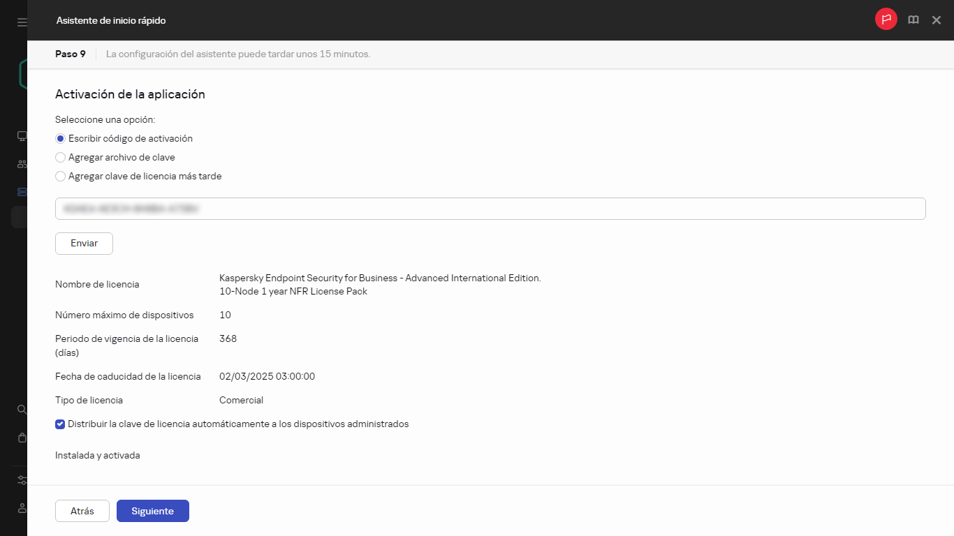 Paso de activación de la aplicación del Asistente de inicio rápido.