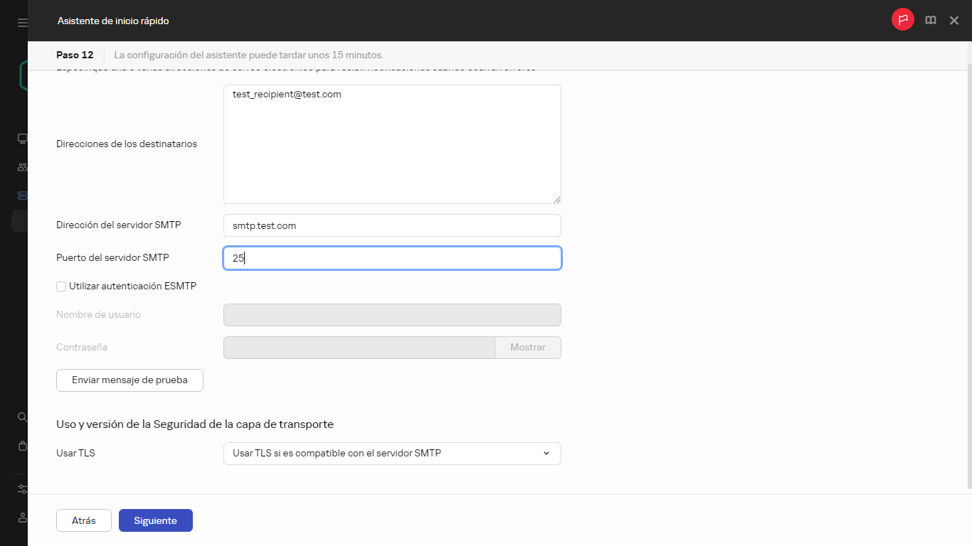 Paso de notificaciones por correo electrónico del Asistente de inicio rápido.