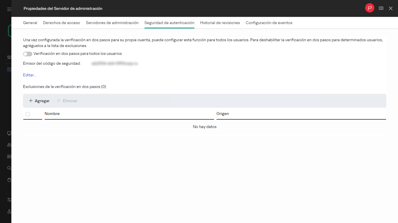 La pestaña Seguridad de la autenticación en las propiedades del Servidor de administración.