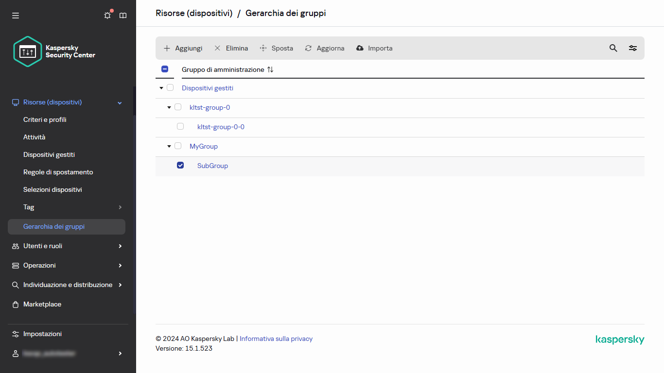 Gerarchia di gruppi con sottogruppo selezionato.