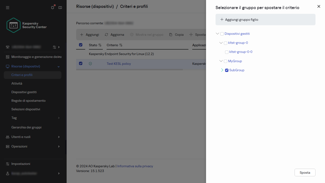 Selezionare il gruppo per spostare la finestra di dialogo del criterio.