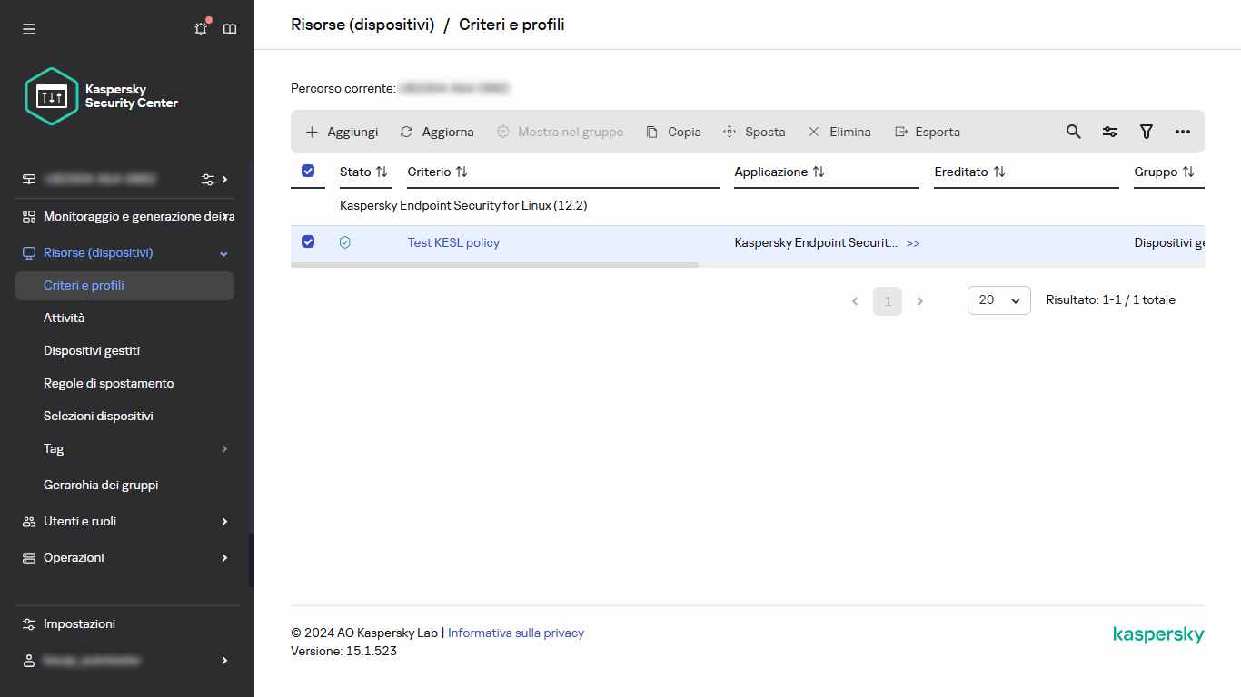 Criteri e profili: un criterio con una casella di controllo selezionata.
