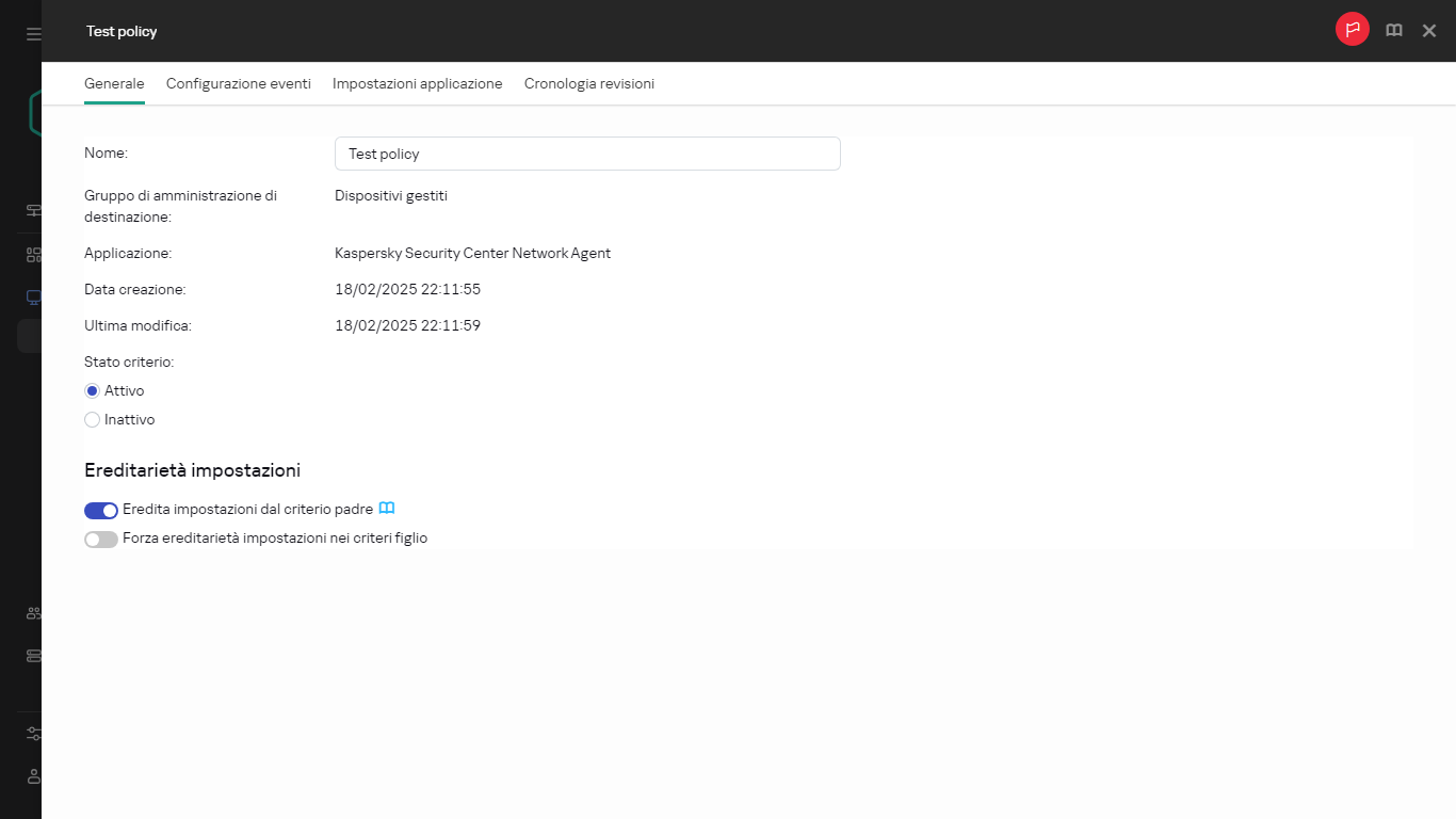 Scheda Generale nel Criterio di test.