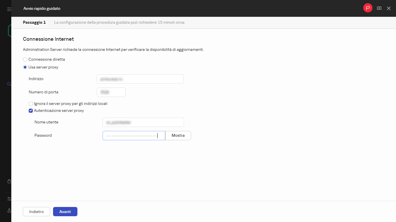 Il passaggio della connessione Internet dell'avvio rapido guidato.