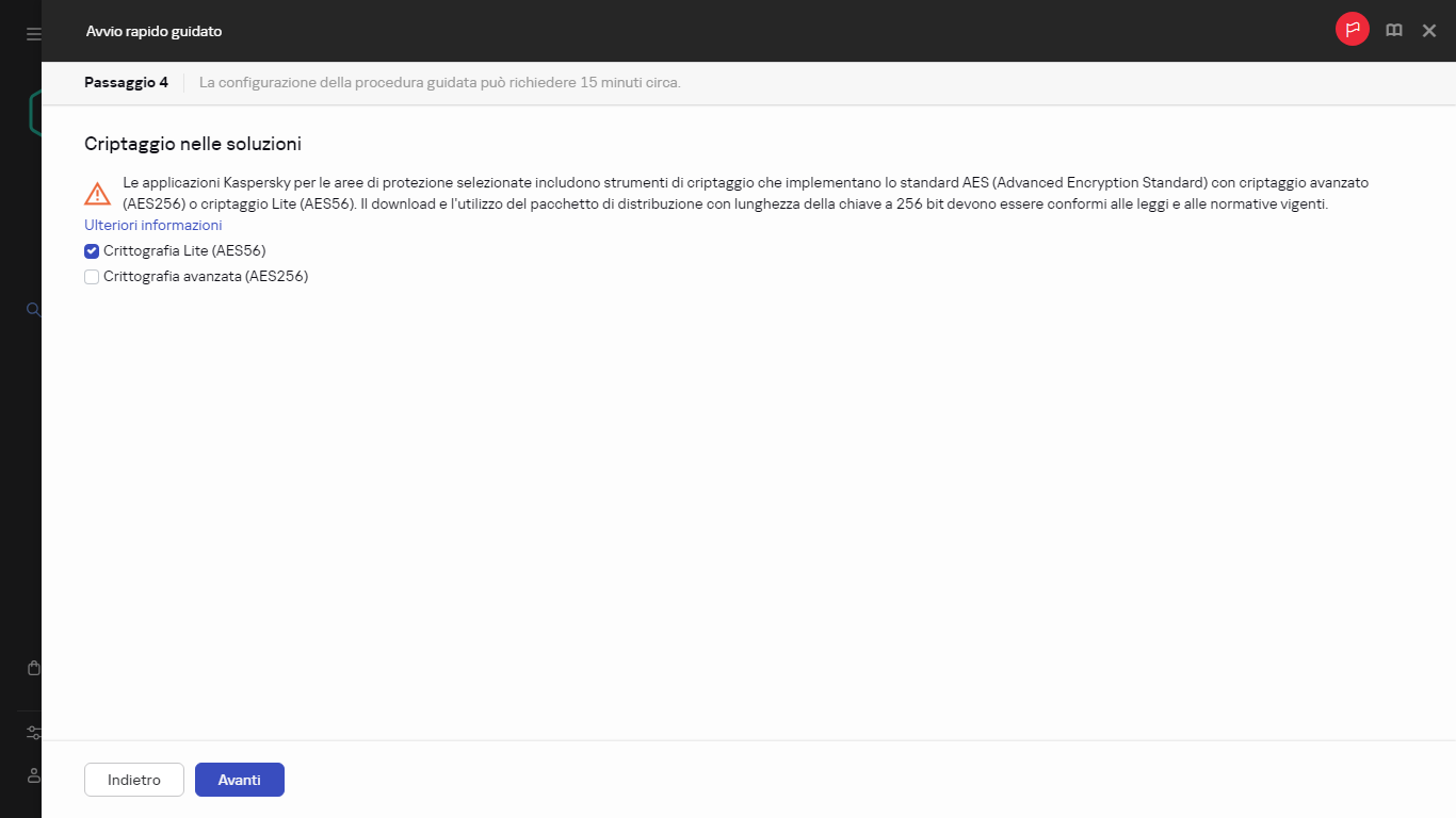 Il passaggio Criptaggio nelle soluzioni dell'avvio rapido guidato.