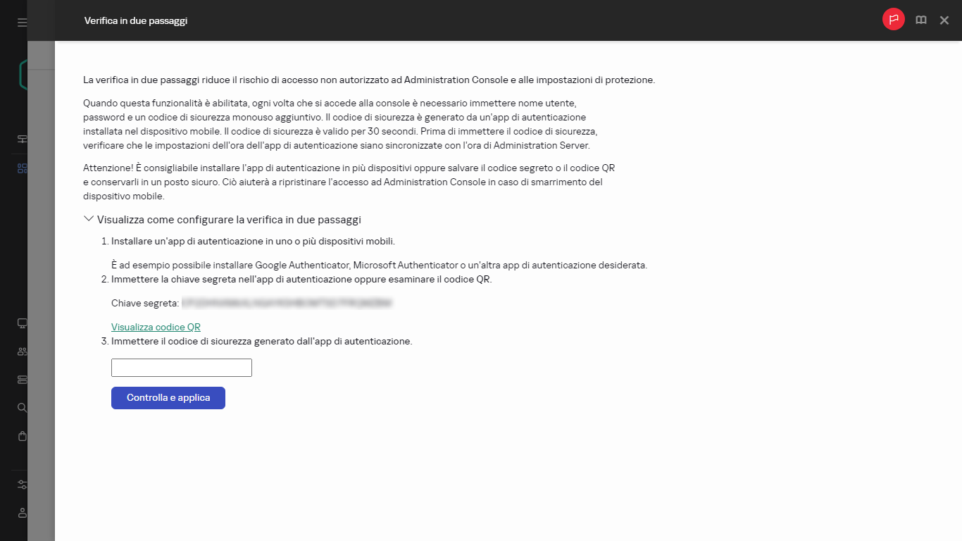 Finestra di verifica in due passaggi.
