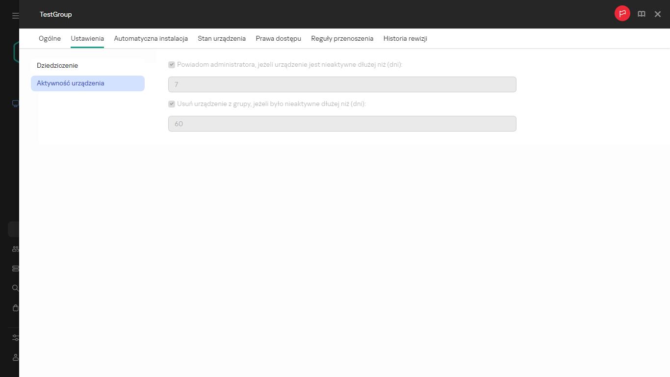 Aktywność urządzenia na karcie Ustawienia.