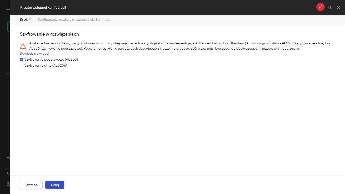 Krok Szyfrowanie w rozwiązaniach Kreatora wstępnej konfiguracji.