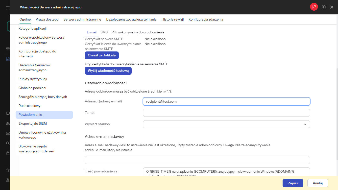 Powiadomienie na karcie Ogólne właściwości Serwera administracyjnego.