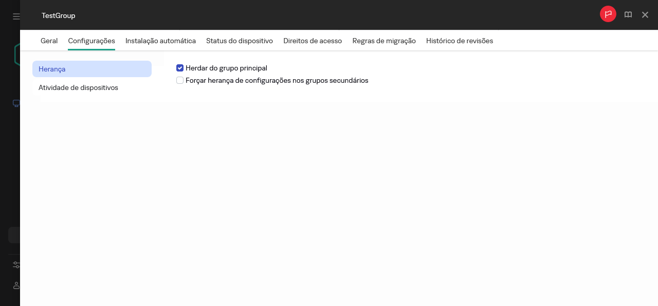 A guia Configurações para o grupo Teste.