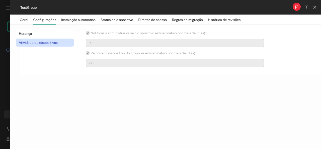 Atividade de dispositivos na guia Configurações.