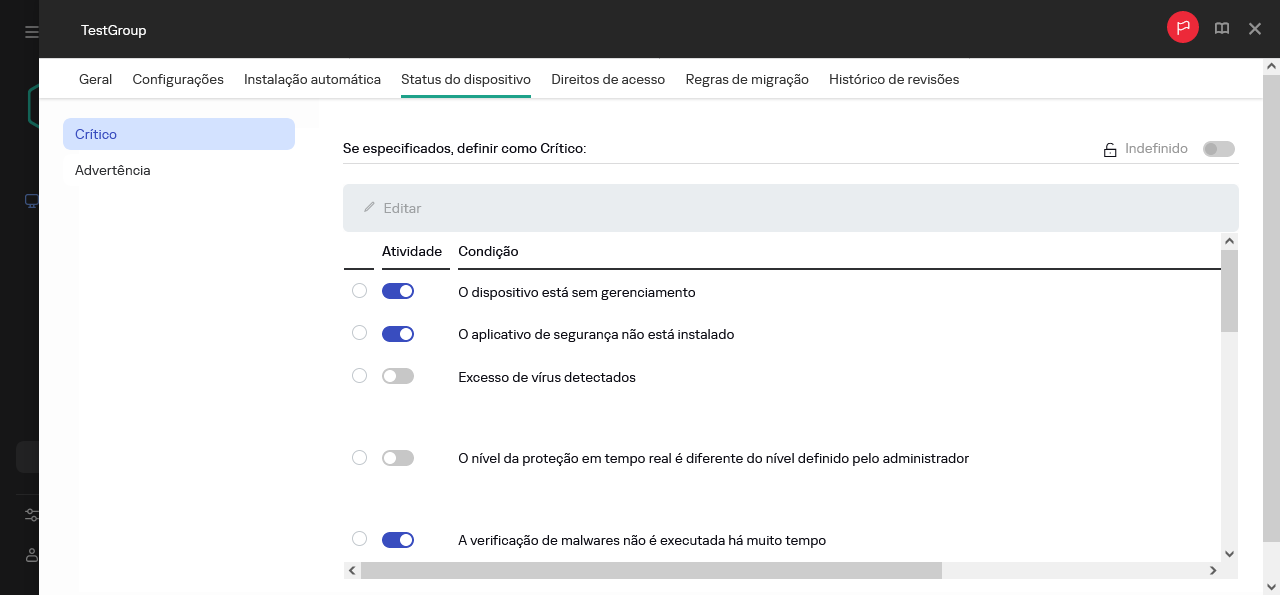 Definir o status Crítico no grupo Status do dispositivo.