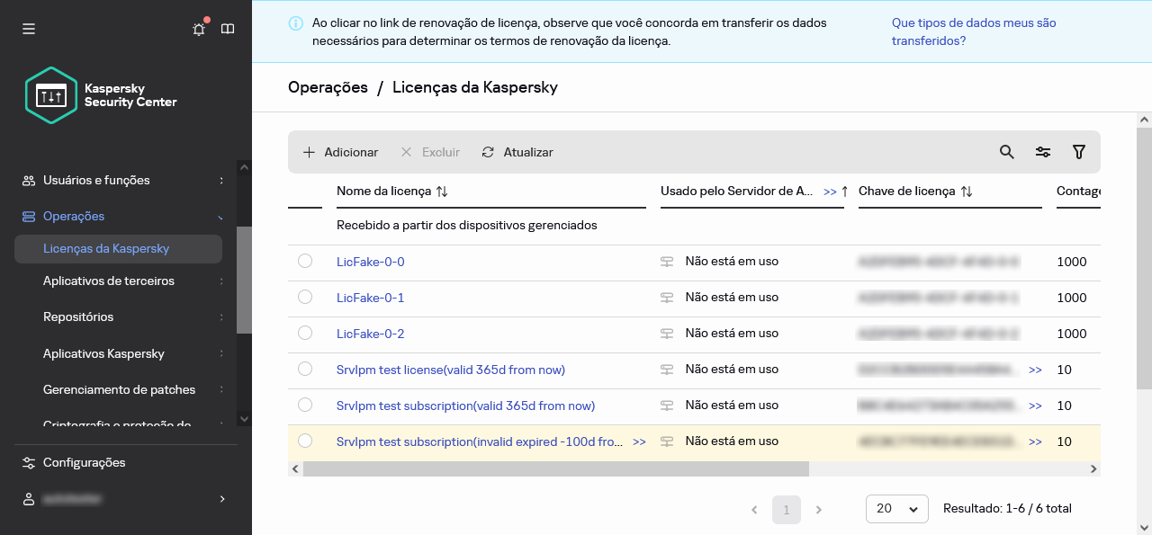 Lista das chaves de licença da Kaspersky.