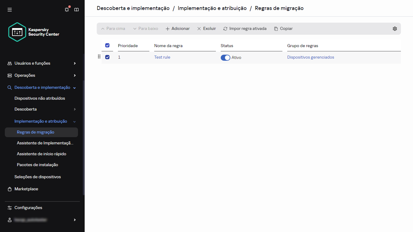 A linha selecionada na seção Regras de movimentação.