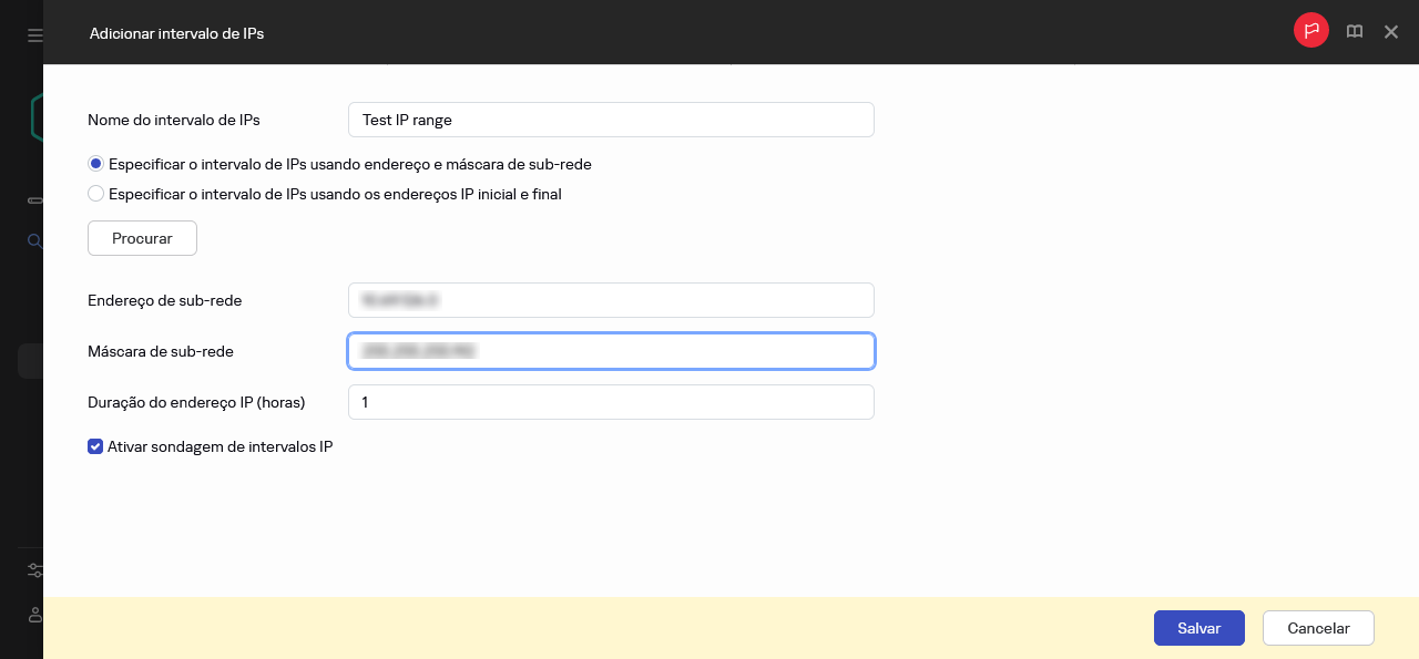 Especificação de um novo intervalo de IP.