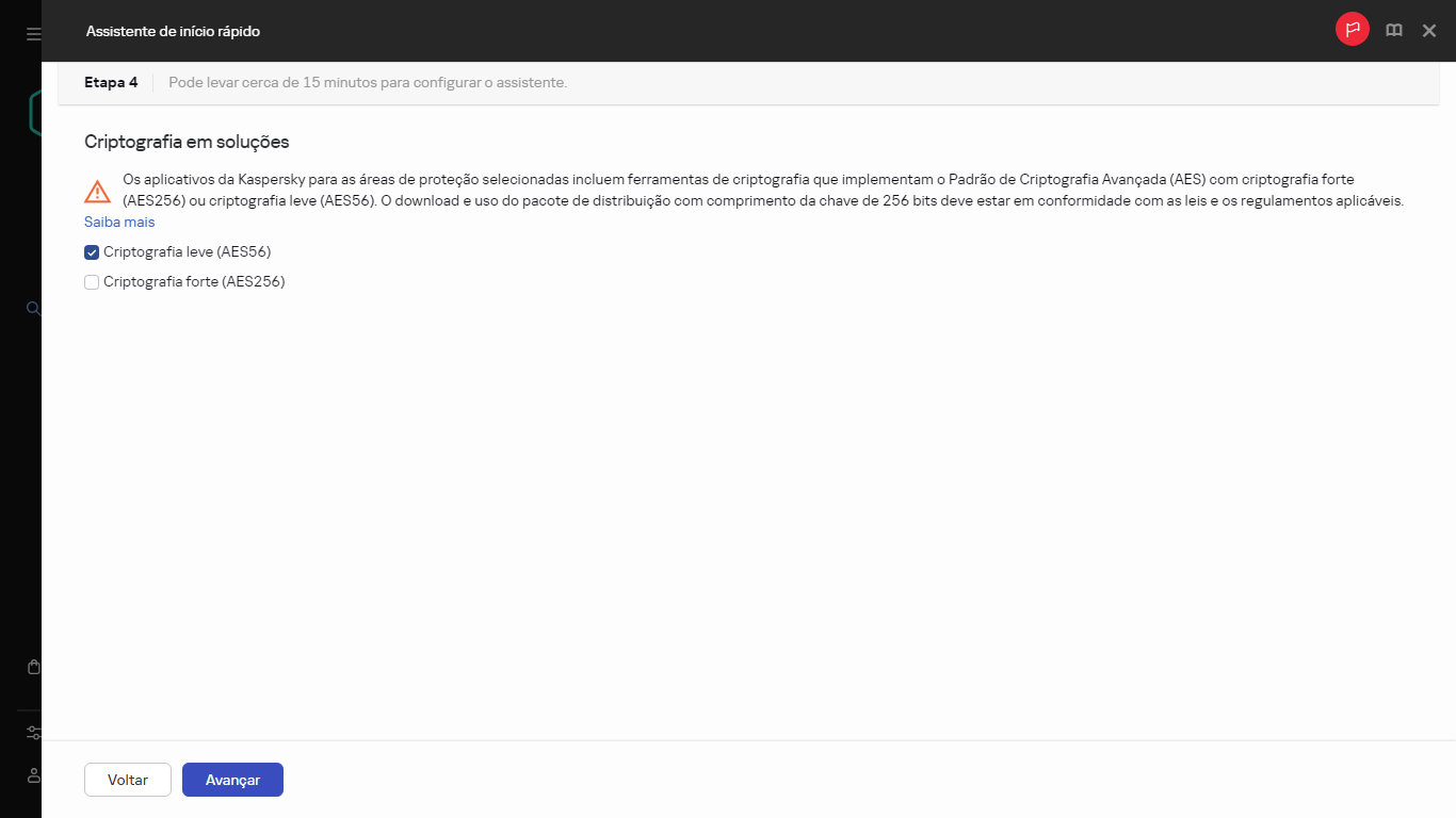 A etapa Criptografia em soluções do Assistente de início rápido.
