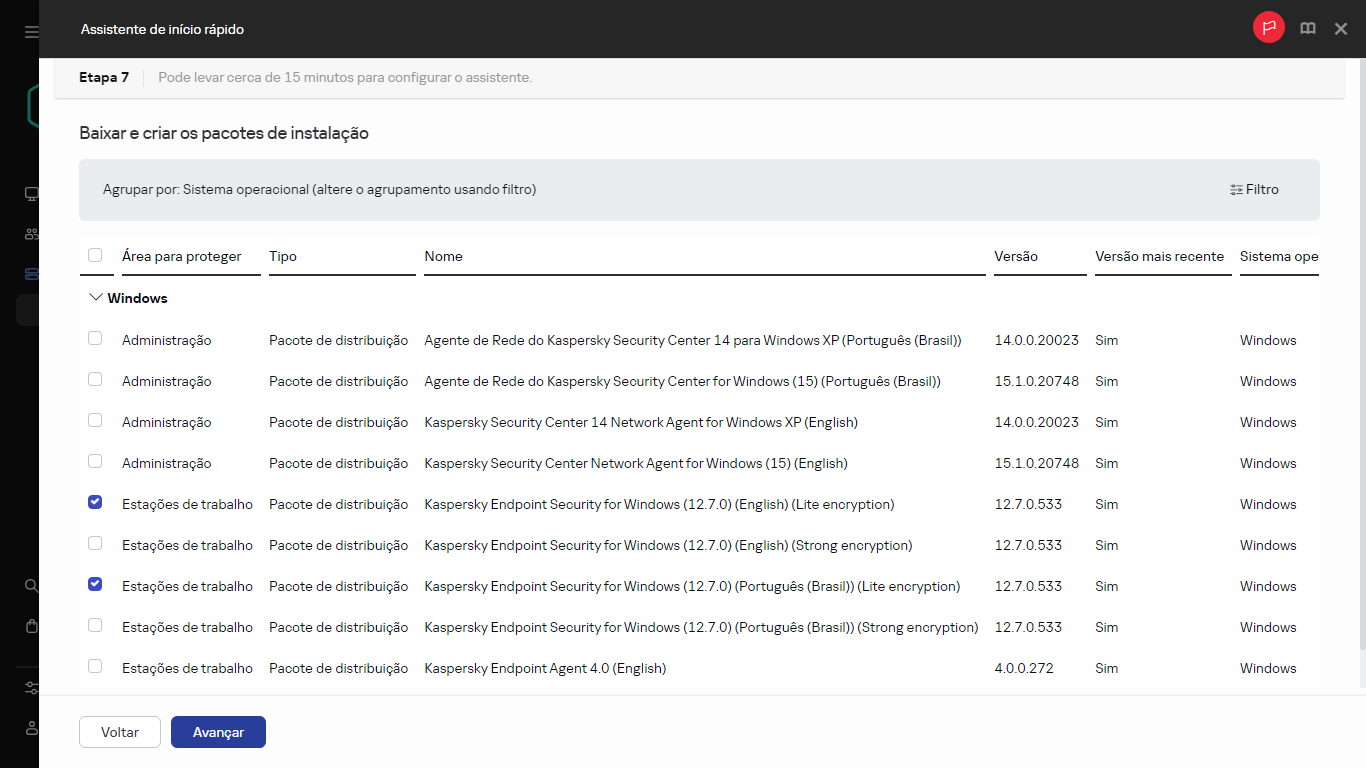 A etapa Criação de pacotes de instalação do Assistente de início rápido.