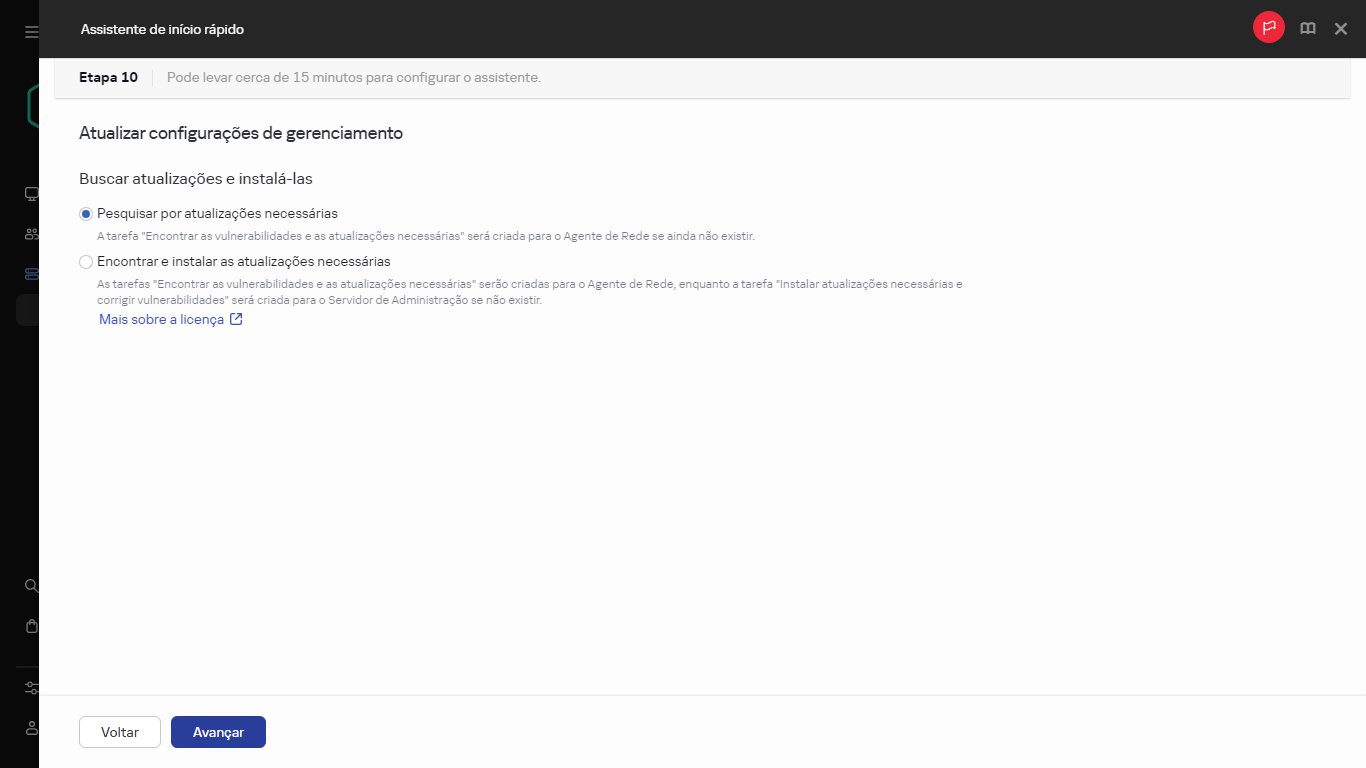 A etapa Gerenciamento de atualizações do Assistente de início rápido.