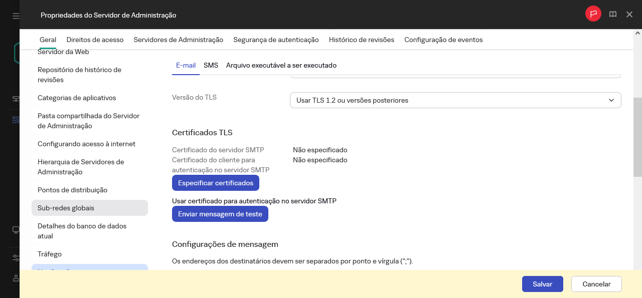 Notificação na guia Geral das propriedades do servidor de administração.