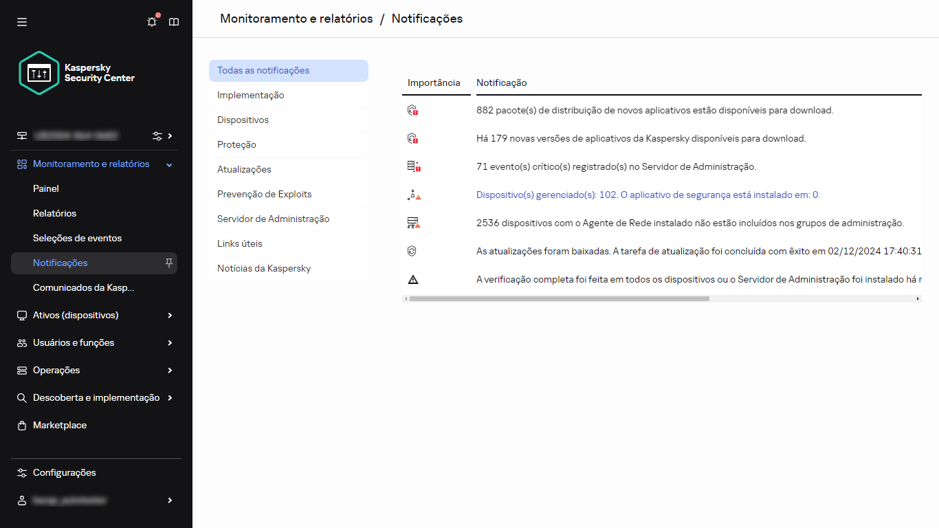 A seção Notificações em Monitoramento e relatórios.